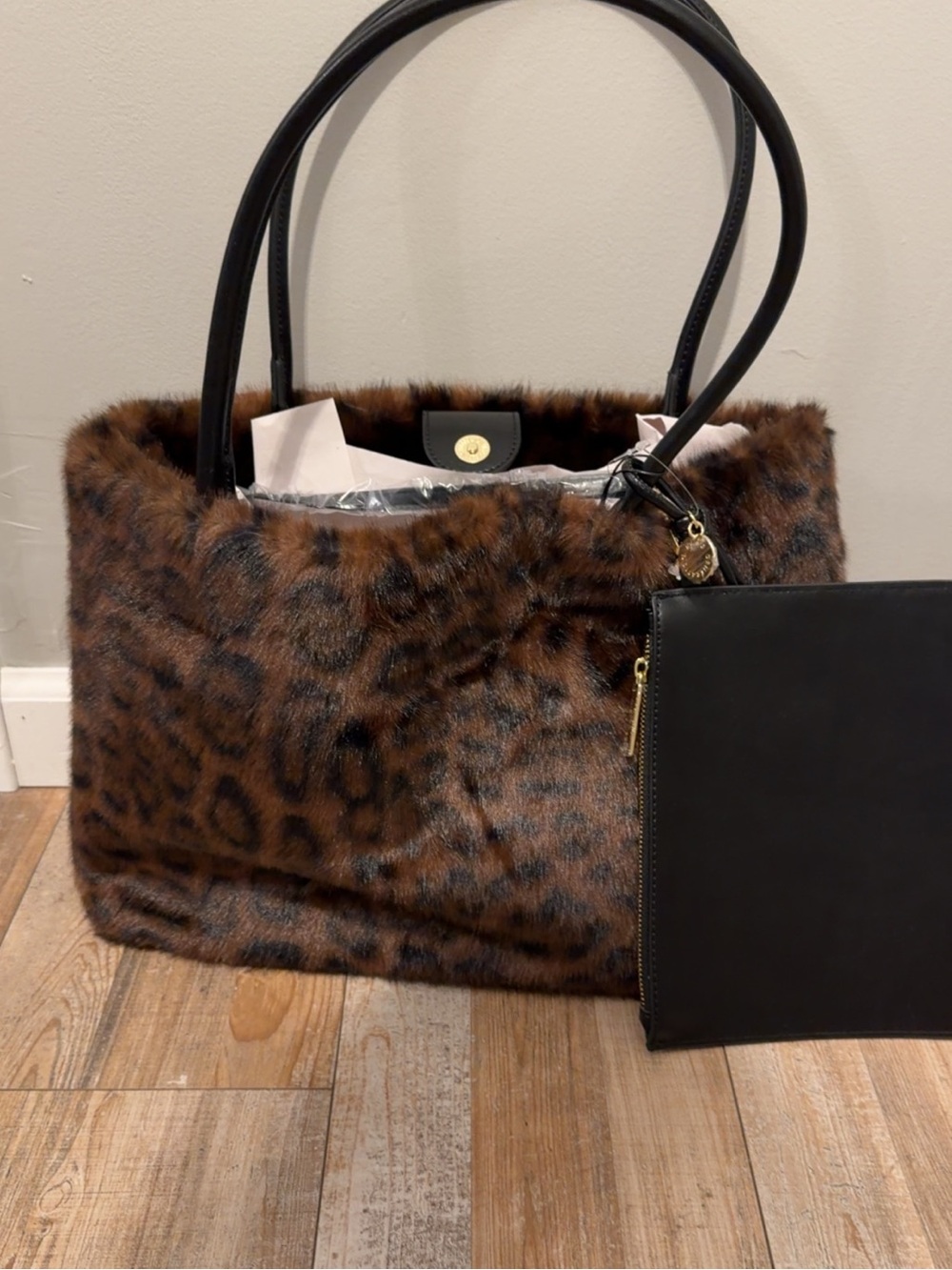 BCBGeneration Leopard Faux Fur Tote with Black Handles and Zip Pouch